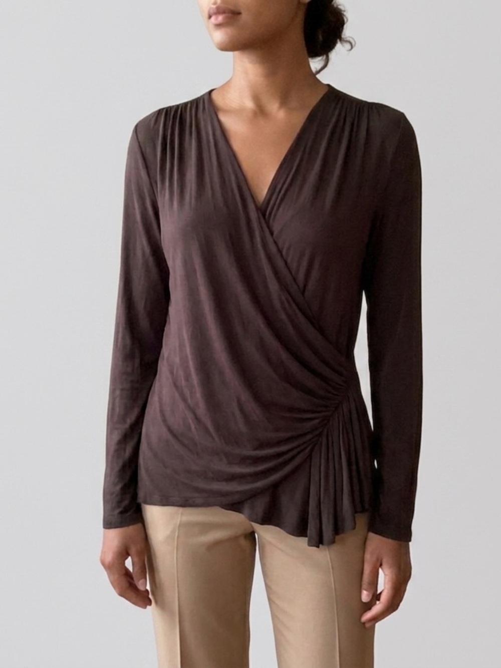 Adrienne Vittadini Chocolate Brown Wrap-Front Long Sleeve Top size L